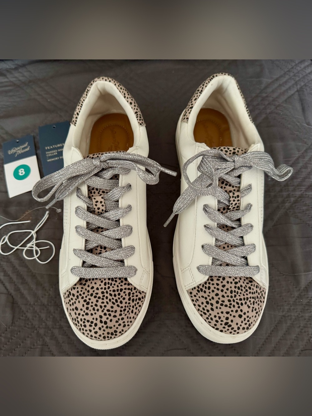 Women’s Universal Threads White Sneakers with Leopard Toe Accent and Gray Lace